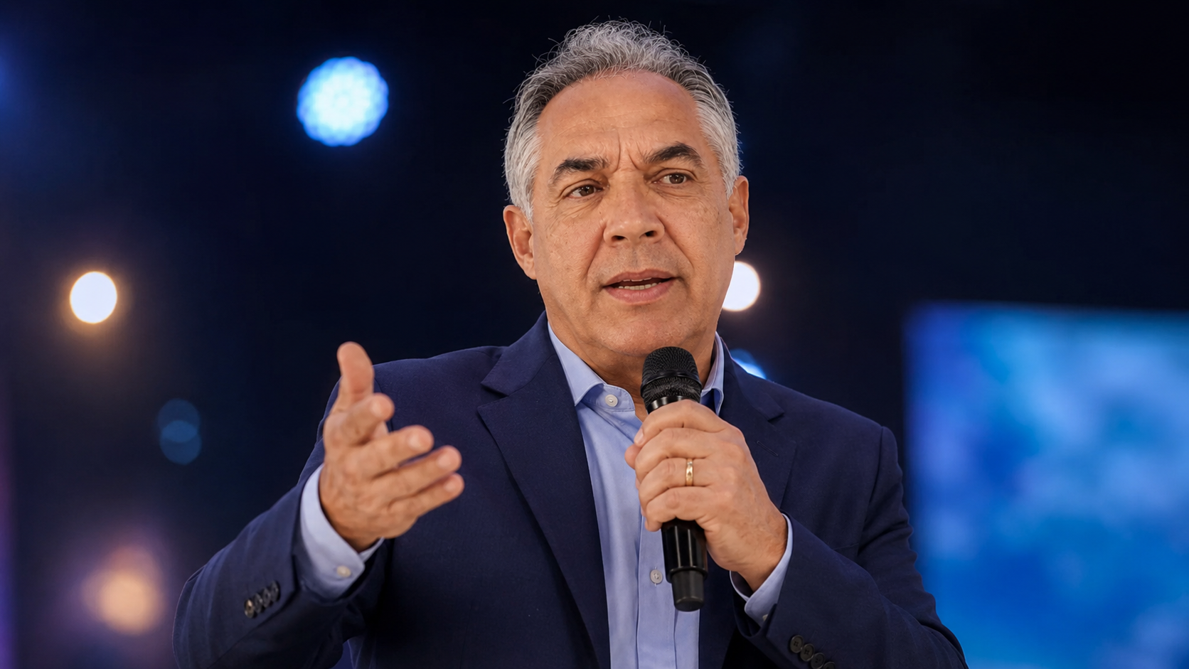 Pastor João Morelli Neto pregando com microfone
